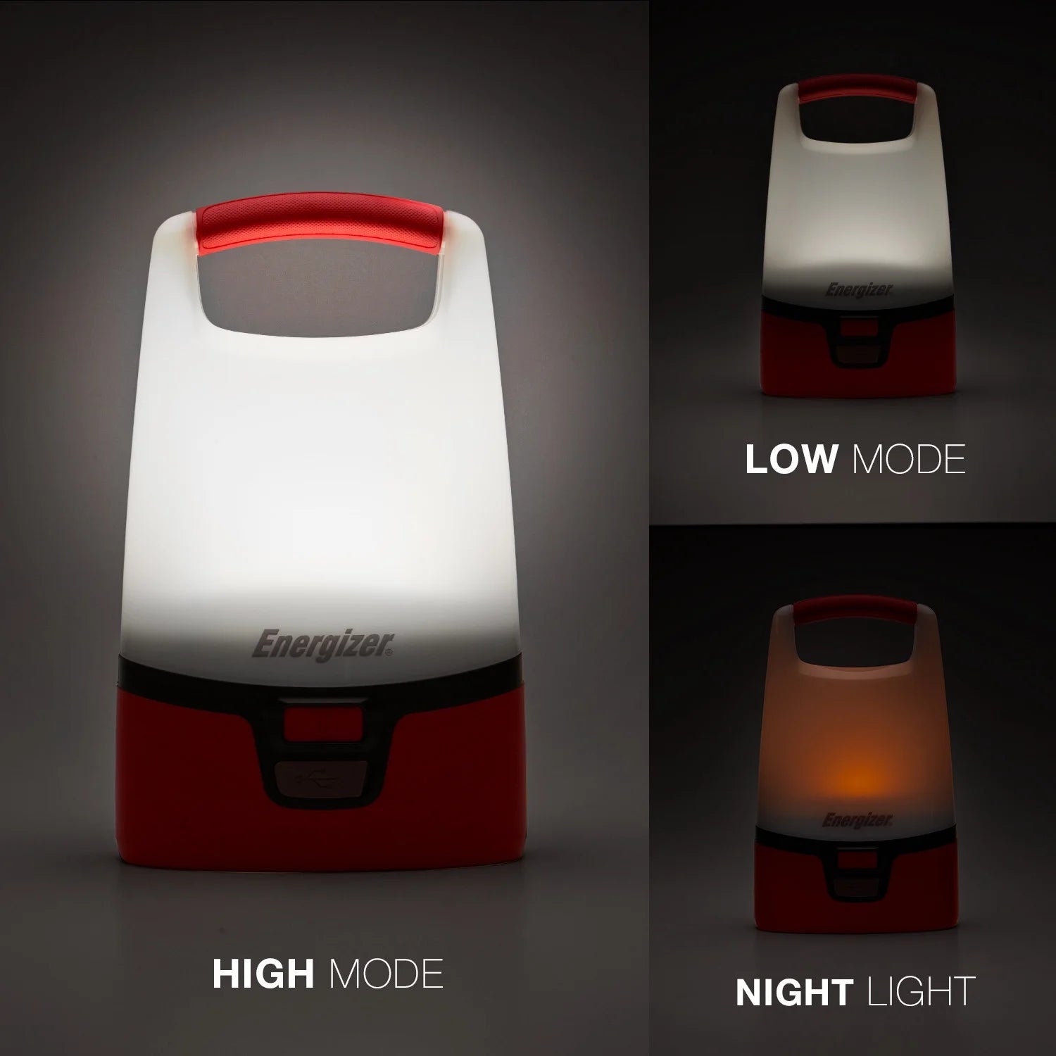 Image of the 1200 Lumens Red LED USB Lantern featuring durable construction, USB charging, and bright 360° illumination, ideal for camping, emergencies, and outdoor use, displayed on a clean white background.
