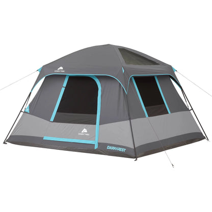 "6-Person Cabin Tent with Skylight set up at a campsite, showcasing its spacious interior and sun-blocking technology."
