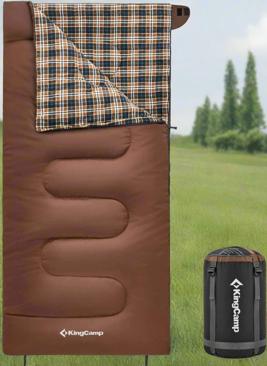 Image of a 4-season flannel sleeping bag in a coffee color, featuring a water-resistant outer shell, flannel interior, and spacious dimensions of 74.8" x 33", displayed on a clean white background.
