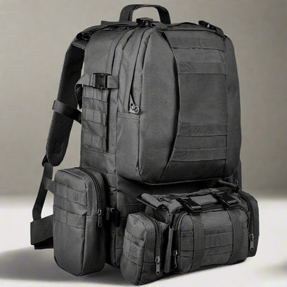 Brightify 60L Camping & Hiking Backpack in black, featuring a spacious 60L capacity, water-resistant polyester material, and multiple compartments. Includes adjustable shoulder straps for comfort and a durable design, perfect for camping, hiking, and outdoor adventures.