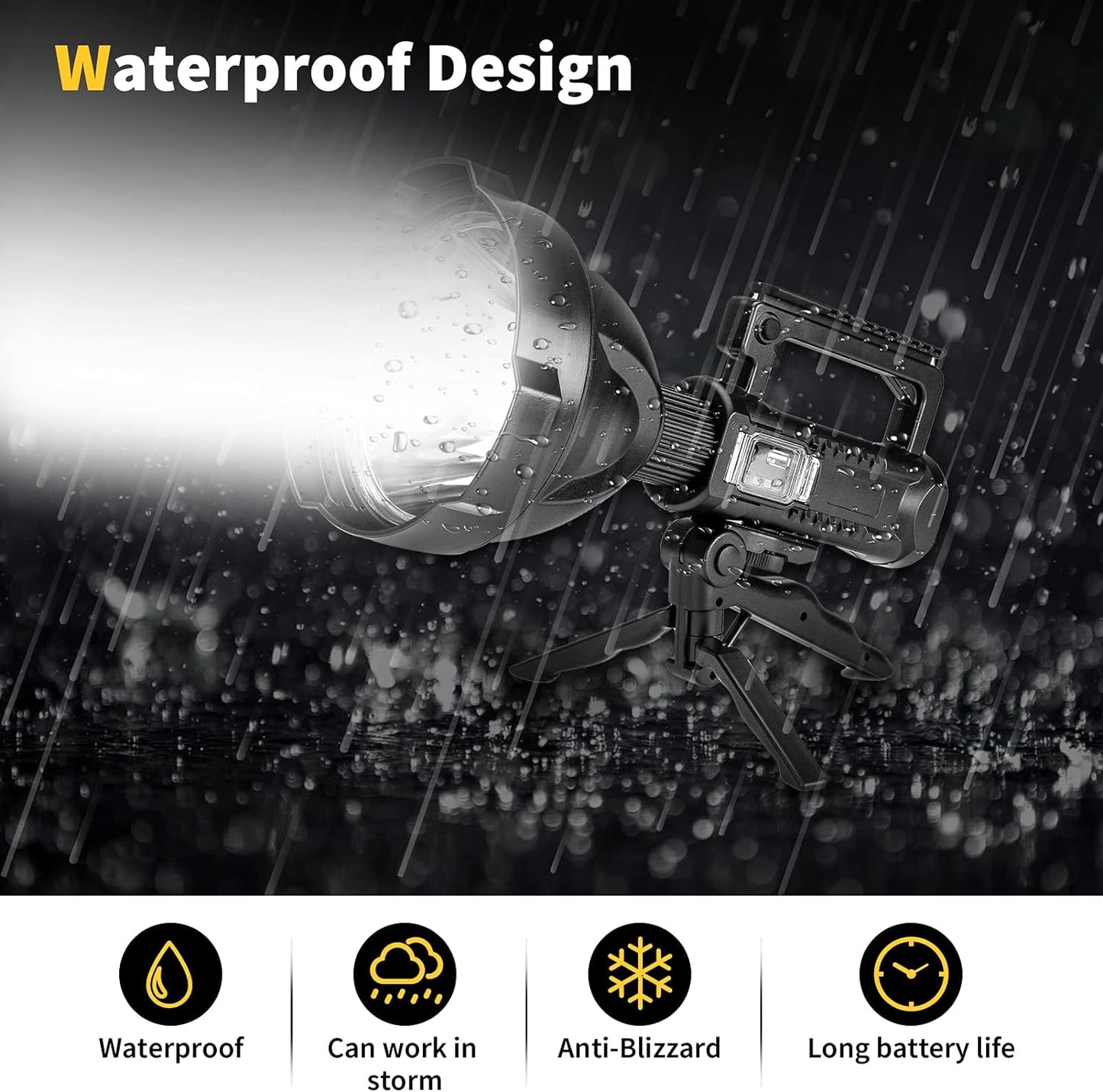 "Ultimate Super Bright Rechargeable LED Spotlight - 8000 lumens, 4 modes, waterproof design, tripod adapter, and USB cable included."
