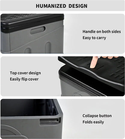 Image of a waterproof folding camping potty with a 400lb capacity, featuring a compact design, durable ABS plastic, and easy setup, ideal for emergency preparedness and outdoor use, displayed on a clean white background.
