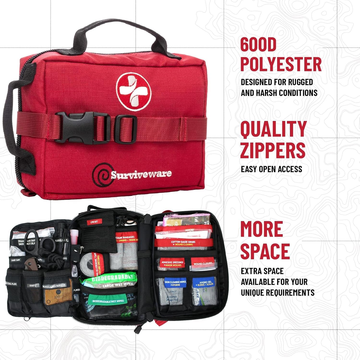 "Survivor's Choice Premium First Aid Kit - military-grade medical supplies in a water-resistant 600D case for emergencies and travel."
