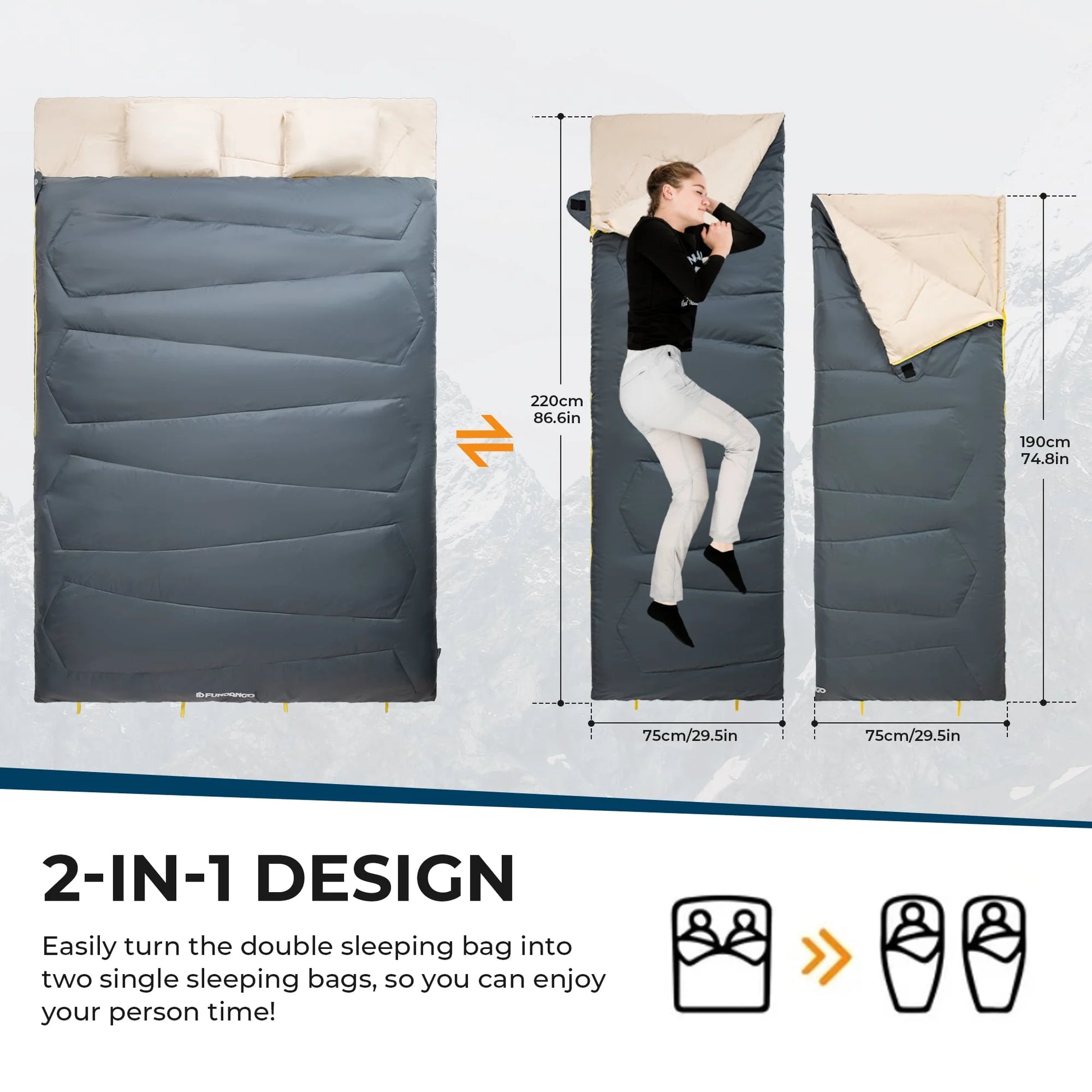 Image of a grey convertible sleeping bag with two pillows, featuring a 190T water-resistant shell, spacious queen-sized design, and compact storage capability, displayed on a clean white background.

