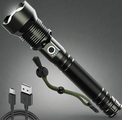 "90,000 Lumens Super Bright Rechargeable Waterproof Flashlight with 5 modes for outdoor adventures and emergencies."
