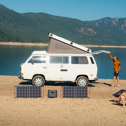 Portable solar generator with 3000W capacity, 2x 100W waterproof solar panels, and a wheeled design. Ideal for camping, emergencies, and off-grid power needs.
