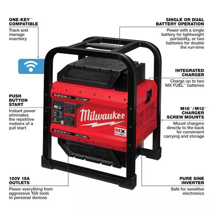 Image of the MX FUEL 3600W/1800W Portable Battery Generator with 2 XC batteries and a charger, showcasing a compact design with an integrated carry handle, displayed on a clean white background.
