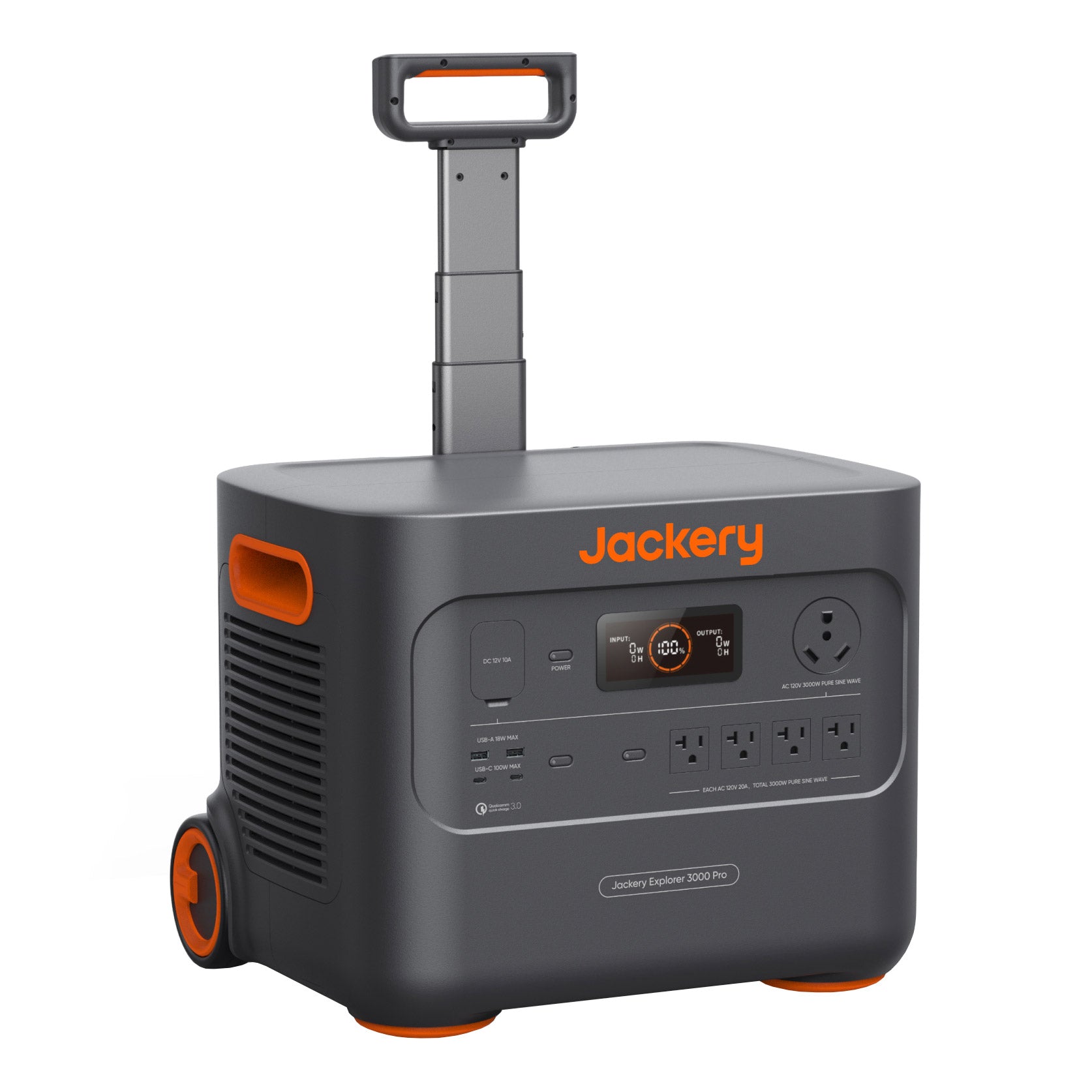 Portable solar generator with 3000W capacity, 2x 100W waterproof solar panels, and a wheeled design. Ideal for camping, emergencies, and off-grid power needs.
