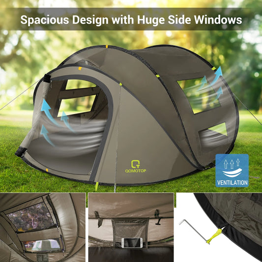 4-Person Instant Pop-Up Camp Tent - Waterproof with Large Side Screen Windows - Easy Automatic Setup - Green