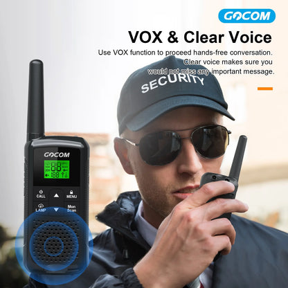Image of a 4-pack of walkie-talkies for adults, featuring long-range communication, rechargeable power, LED light, and 22 FRS channels with weather alerts, displayed on a clean white background.
