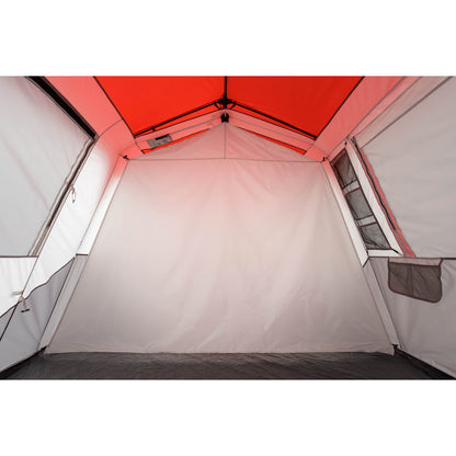 \"8-Person Instant Cabin Tent set up in a campsite, showcasing its spacious interior, LED lighted poles, and durable design."
