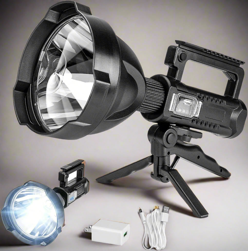"Ultimate Super Bright Rechargeable LED Spotlight - 8000 lumens, 4 modes, waterproof design, tripod adapter, and USB cable included."
