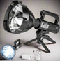 "Ultimate Super Bright Rechargeable LED Spotlight - 8000 lumens, 4 modes, waterproof design, tripod adapter, and USB cable included."
