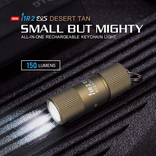 Compact OLIGHT I1R 2 EOS 150 Lumens Rechargeable Keychain Flashlight - Perfect for Camping, Hiking, Dog Walking & More (Desert Tan)