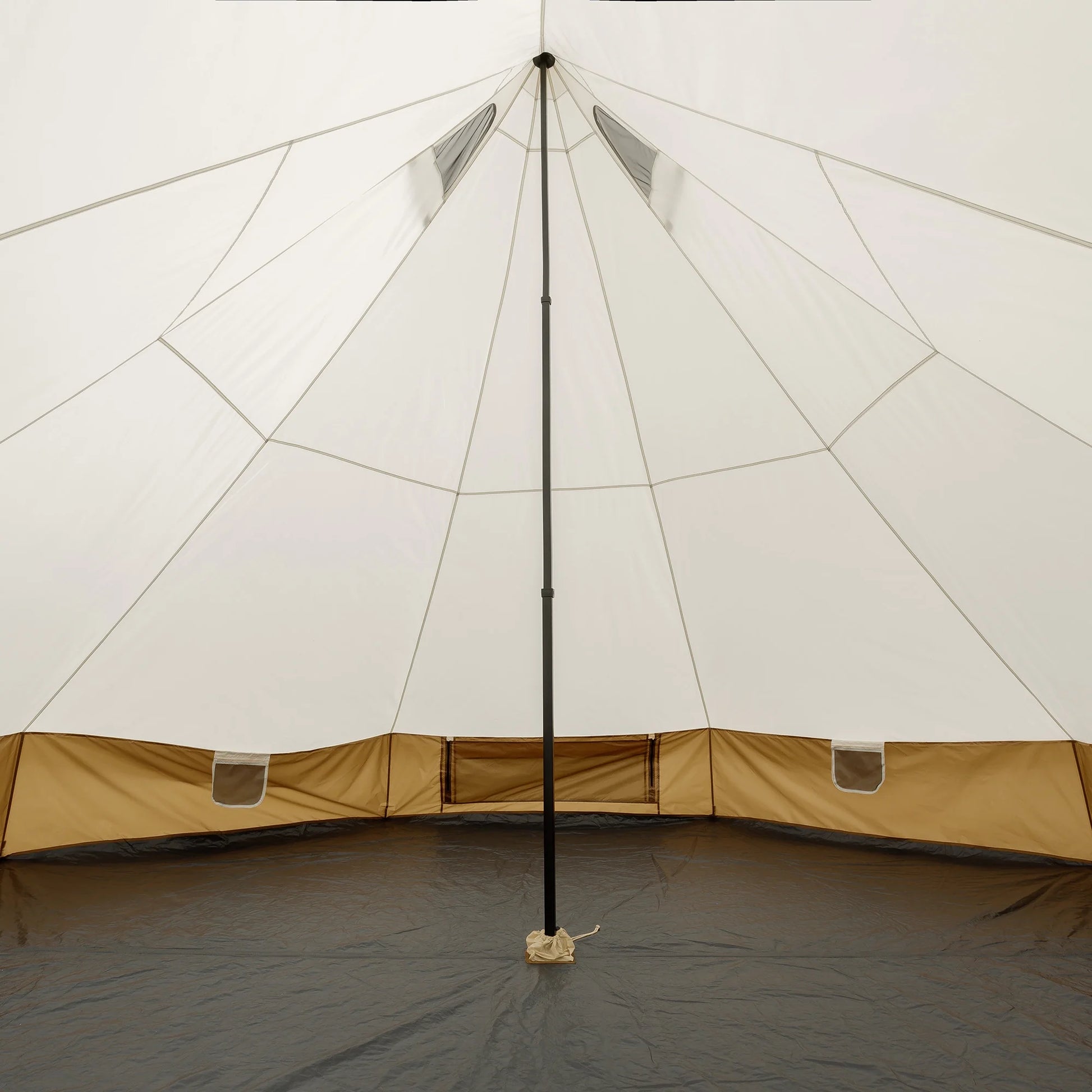 "8-Person Instant Cabin Tent set up in a campsite, showcasing its spacious interior, LED lighted poles, and durable design."
