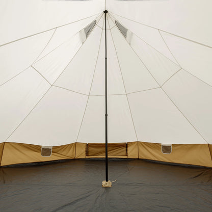 "8-Person Instant Cabin Tent set up in a campsite, showcasing its spacious interior, LED lighted poles, and durable design."
