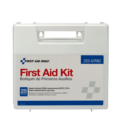 "ANSI-Compliant 107-Piece First Aid Kit displayed with medical supplies, showcasing its compact and organized design."
