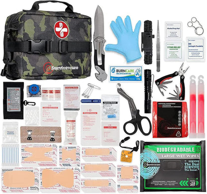 "Survivor's Choice Premium First Aid Kit - military-grade medical supplies in a water-resistant 600D case for emergencies and travel."

