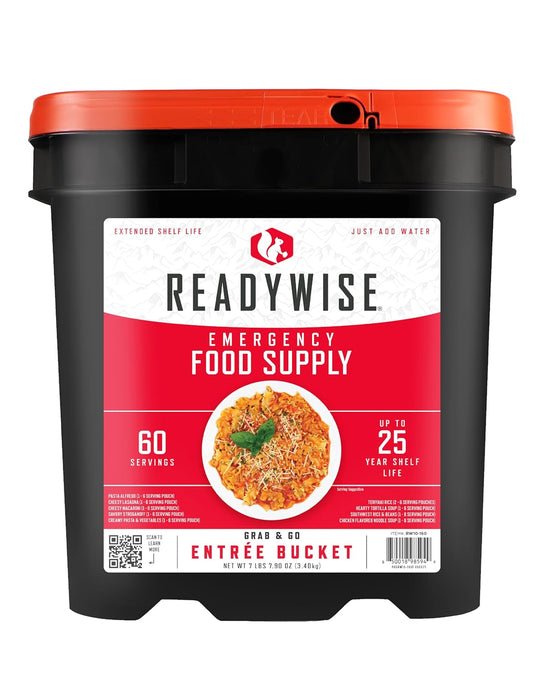 READYWISE - Entrée Grab & Go Bucket, 60 Servings, Emergency, MRE Supply, Premade, Freeze Dried Survival Food for Hiking, Adventure & Camping Essentials, Individually Packaged, 25 Year Shelf Life