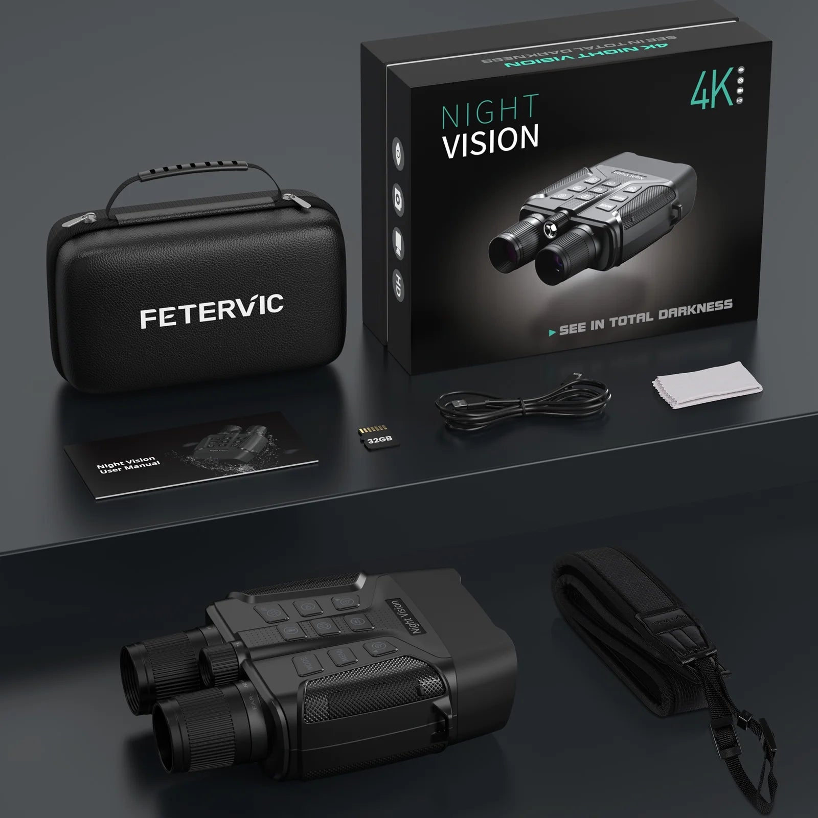 4K Night Vision Goggles - 5X Zoom, Waterproof Binoculars with 32GB Card & Rechargeable Battery for Hunting Adventures