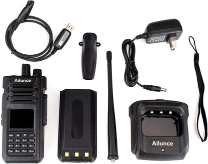 Image of the HD1 Dual Band Two-Way Radio featuring a durable design, long-range capability, and emergency alarm, ideal for outdoor adventures and emergency preparedness, displayed on a clean white background.
