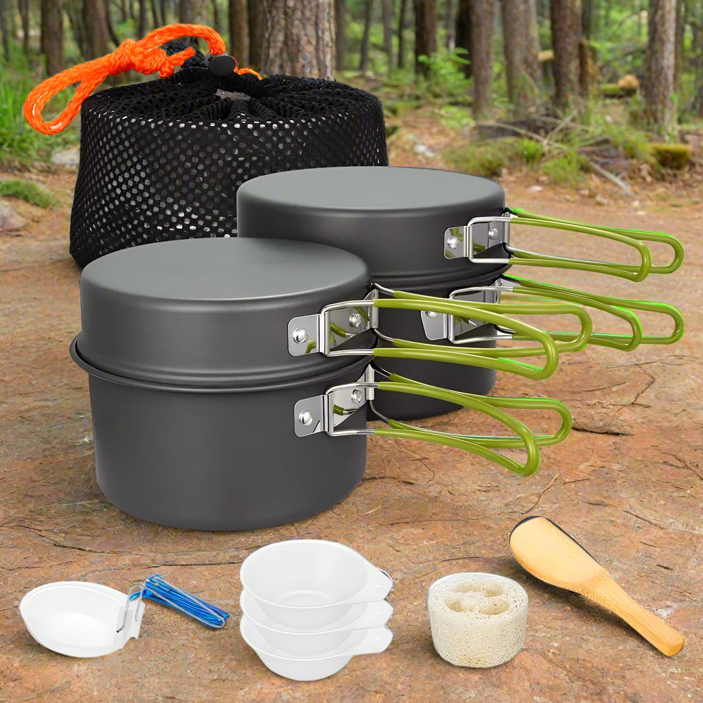 Emergency Cookware Set featuring a stackable, non-stick design, lightweight build, and compact size, perfect for camping, bug-out bags, and emergency preparedness.  
