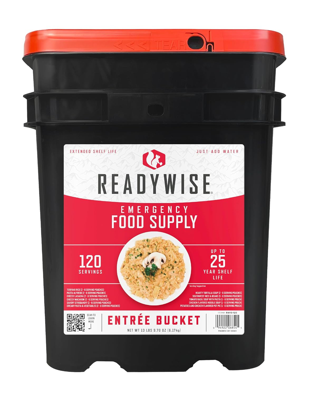 READYWISE - Entrée Grab & Go Bucket, 60 Servings, Emergency, MRE Supply, Premade, Freeze Dried Survival Food for Hiking, Adventure & Camping Essentials, Individually Packaged, 25 Year Shelf Life