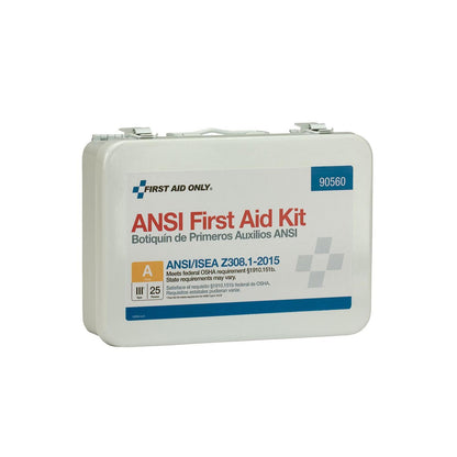 "Class A 25-Person First Aid Kit in a durable metal case, wall-mounted, showcasing its weatherproof design and organized supplies."
