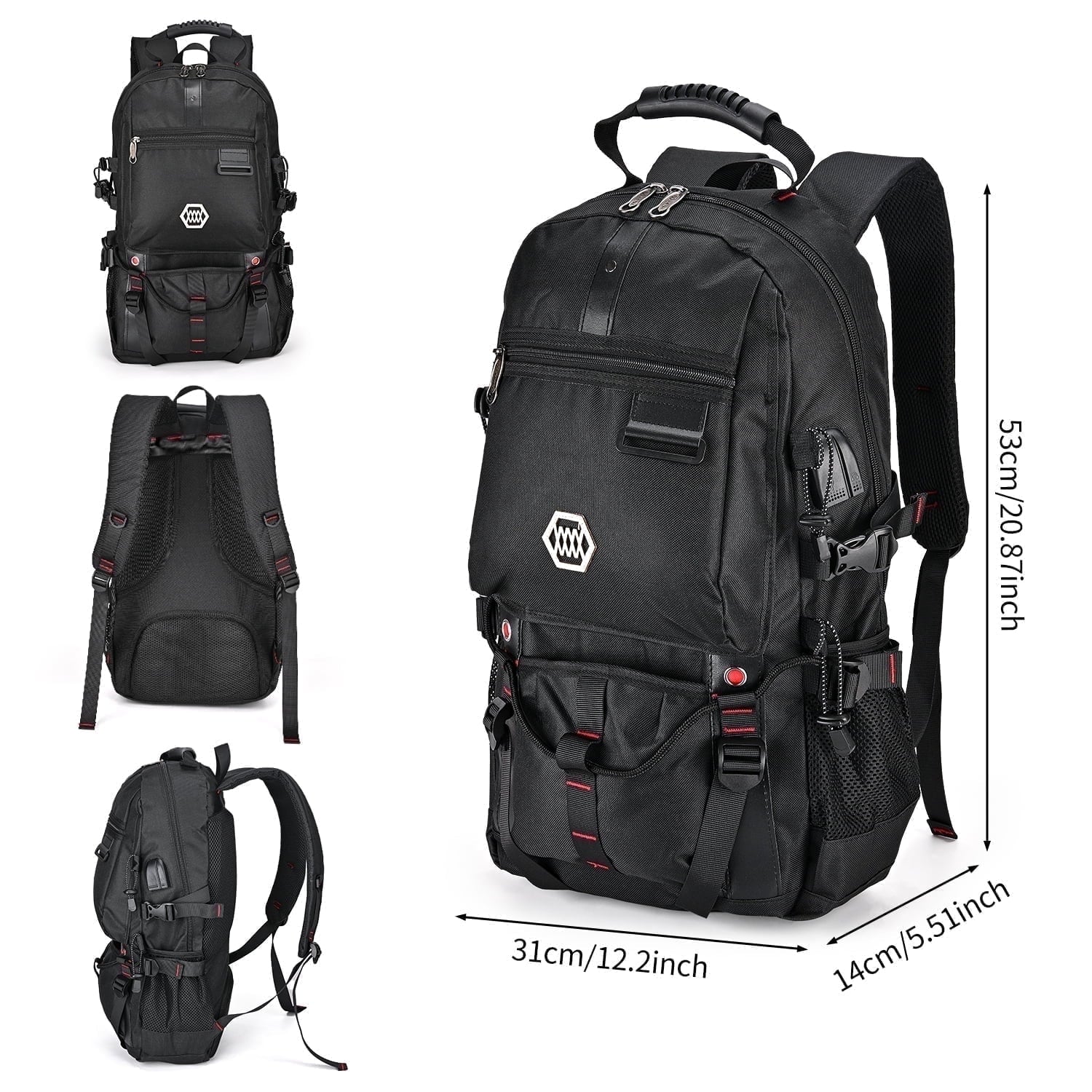 56L Anti-Theft Hiking Backpack for Men & Women - Durable Polyester Travel Bag with Slim Design