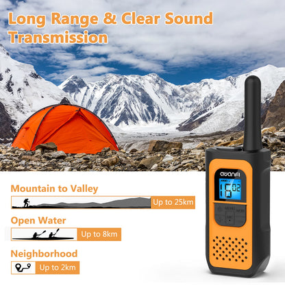 Image of AWANFI walkie-talkies (4 pack), featuring a durable design, 22 channels, and rechargeable functionality, perfect for outdoor adventures and emergency preparedness, displayed on a clean white background.
