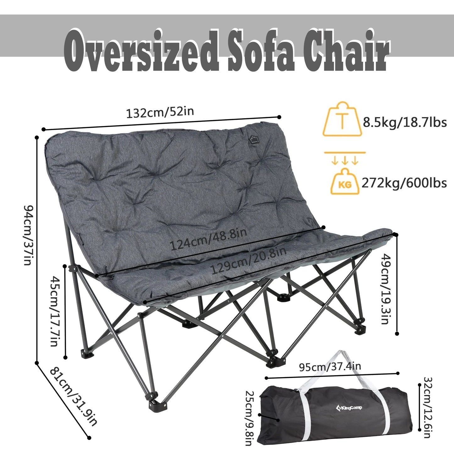 Double Camping Chairs Clearance for Adults, Oversized Padded Loveseat Sofa Chairs, Folding Lawn Chair Support 600Lbs, Grey