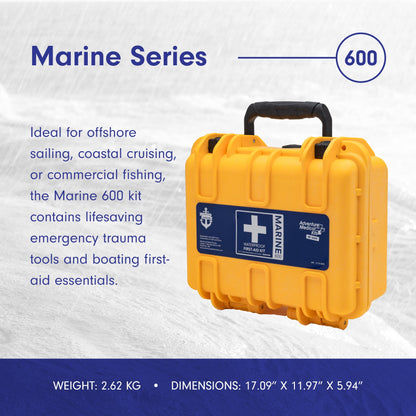 "USCG Approved Marine First Aid Kit with waterproof case, designed for 8-person boating emergencies."
