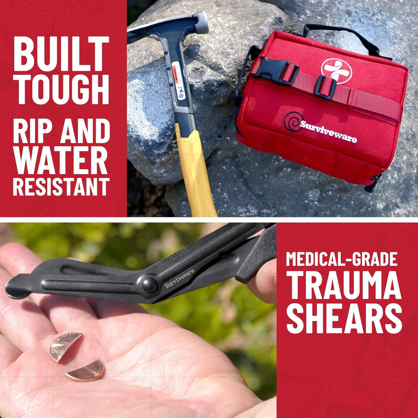 "Survivor's Choice Premium First Aid Kit - military-grade medical supplies in a water-resistant 600D case for emergencies and travel."
