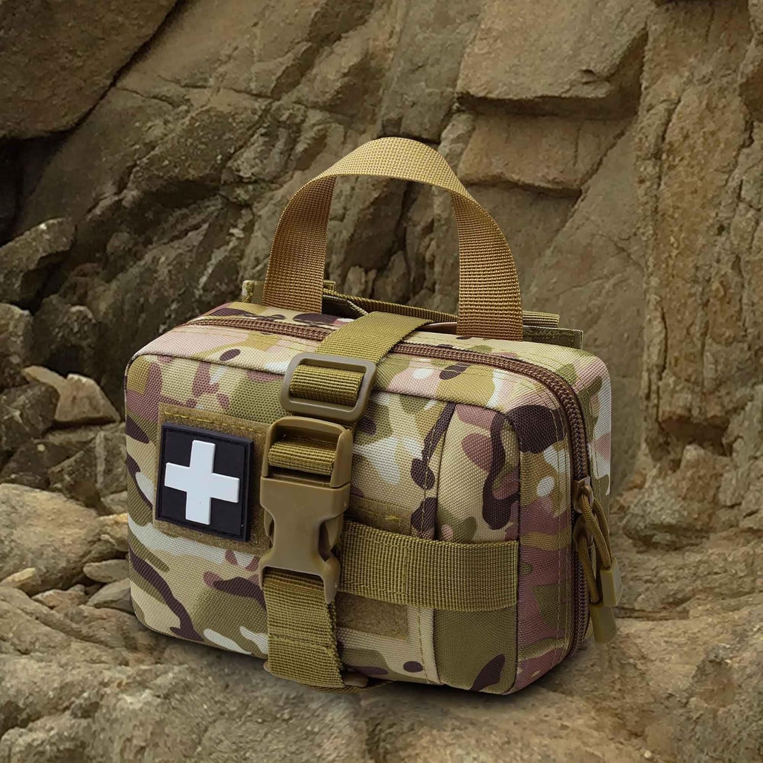 Front view of Fred’s Tactical Rip-Away IFAK Pouch in red – compact and durable first aid bag for emergencies.
