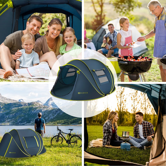 "4-Person Waterproof Pop-Up Instant Tent - spacious doors and windows, dark blue, perfect for camping."
