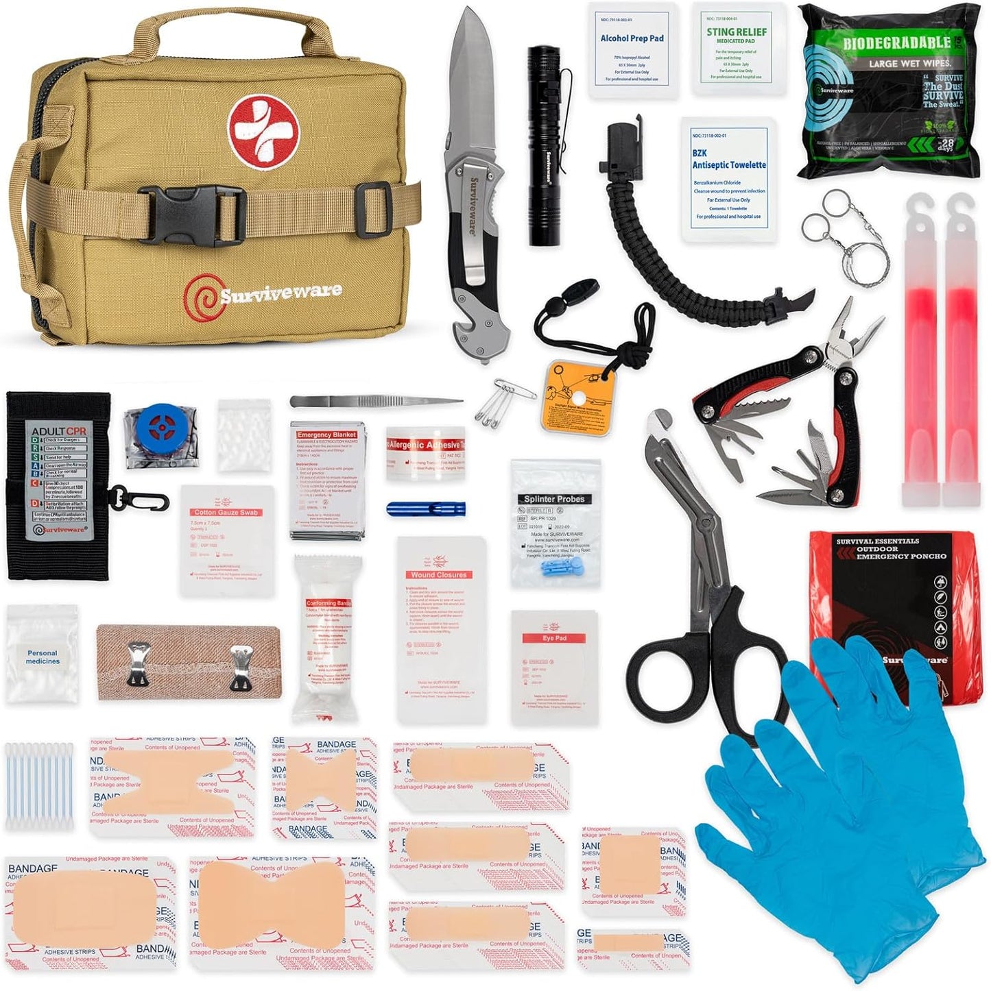 "Survivor's Choice Premium First Aid Kit - military-grade medical supplies in a water-resistant 600D case for emergencies and travel."
