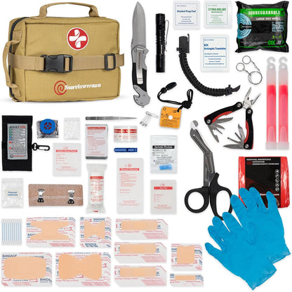"Survivor's Choice Premium First Aid Kit - military-grade medical supplies in a water-resistant 600D case for emergencies and travel."
