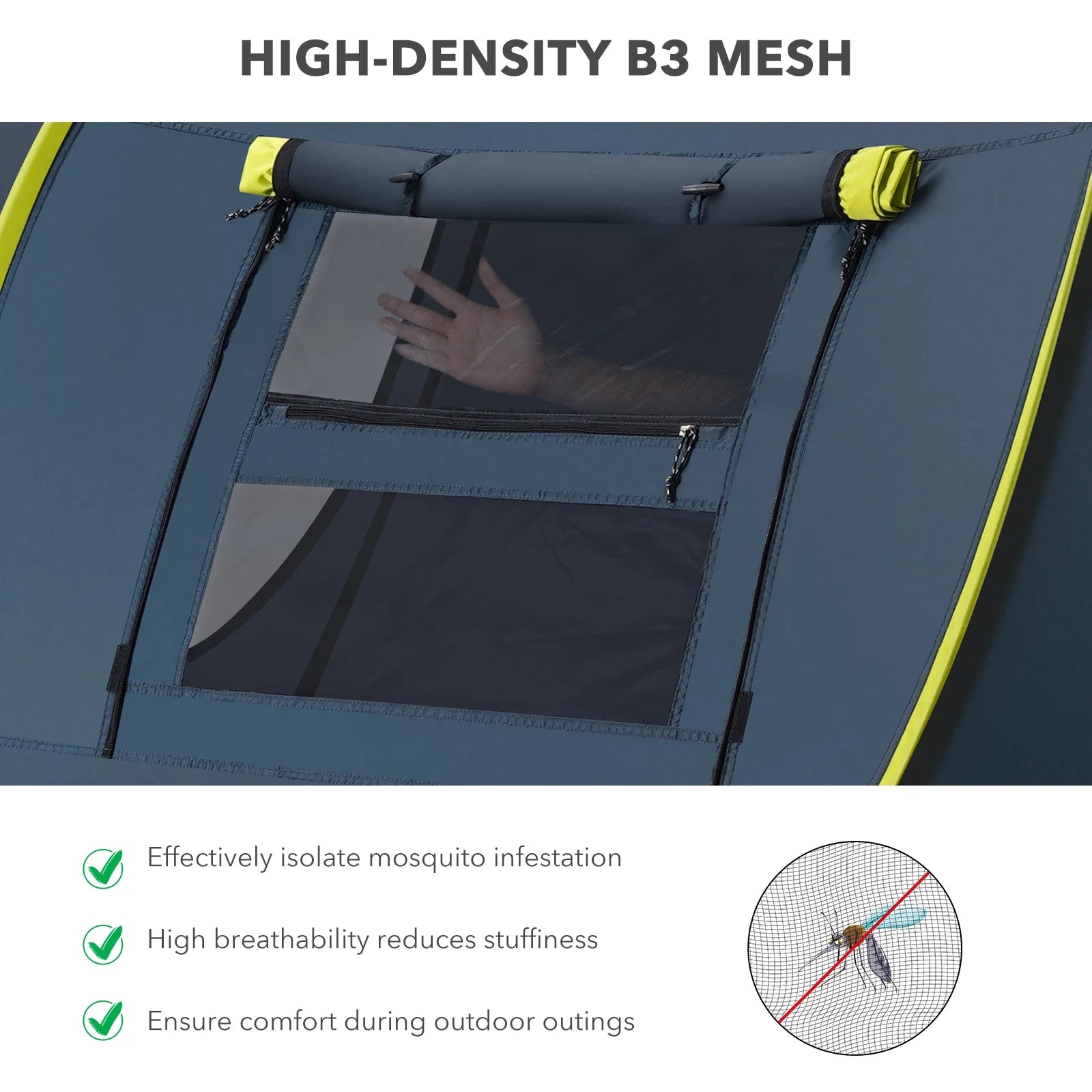 "4-Person Waterproof Pop-Up Instant Tent - spacious doors and windows, dark blue, perfect for camping."
