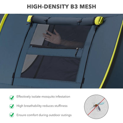 "4-Person Waterproof Pop-Up Instant Tent - spacious doors and windows, dark blue, perfect for camping."
