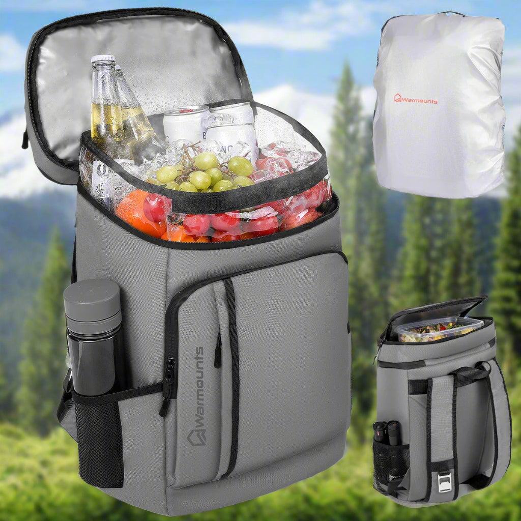 Fred the Zombie, a humorous cartoon character with glowing yellow eyes and red hair, wearing a camouflage cooler backpack filled with drinks and snacks. Fred is on a sunny beach with white sand and ocean waves in the background, struggling to balance the backpack. A subtle UFO Easter egg is visible in the clear blue sky. The camouflage cooler backpack is the focal point, showcasing its practicality and design for outdoor adventures.