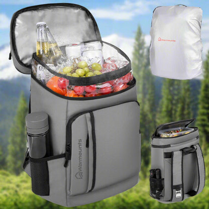 Fred the Zombie, a humorous cartoon character with glowing yellow eyes and red hair, wearing a camouflage cooler backpack filled with drinks and snacks. Fred is on a sunny beach with white sand and ocean waves in the background, struggling to balance the backpack. A subtle UFO Easter egg is visible in the clear blue sky. The camouflage cooler backpack is the focal point, showcasing its practicality and design for outdoor adventures.