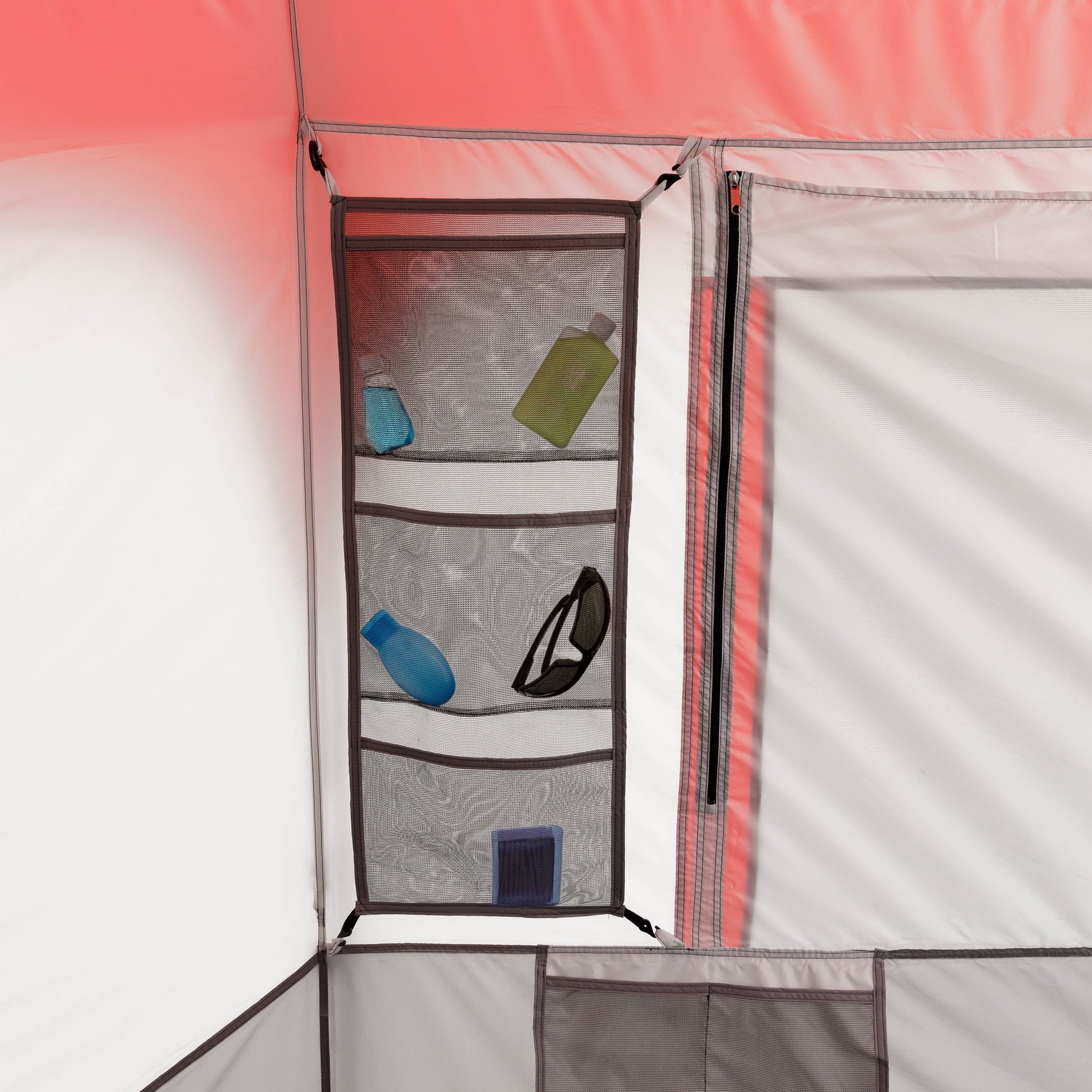 "8-Person Instant Cabin Tent set up in a campsite, showcasing its spacious interior, LED lighted poles, and durable design."
