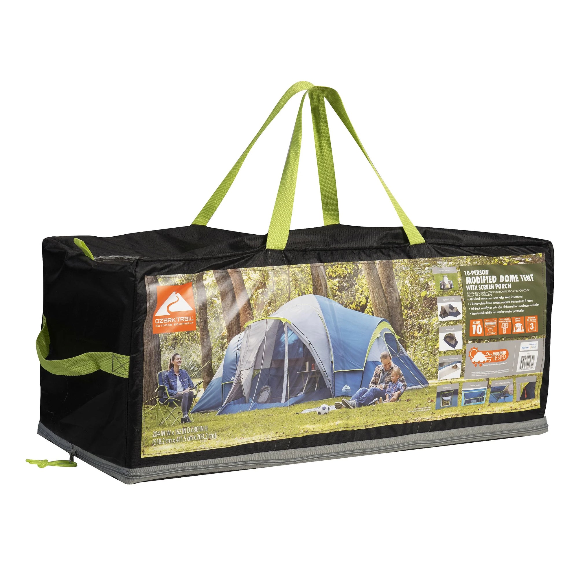 "10-Person Modified Dome Tent with Screen Porch set up in a forest campsite, showcasing its spacious design and inviting screen porch."
