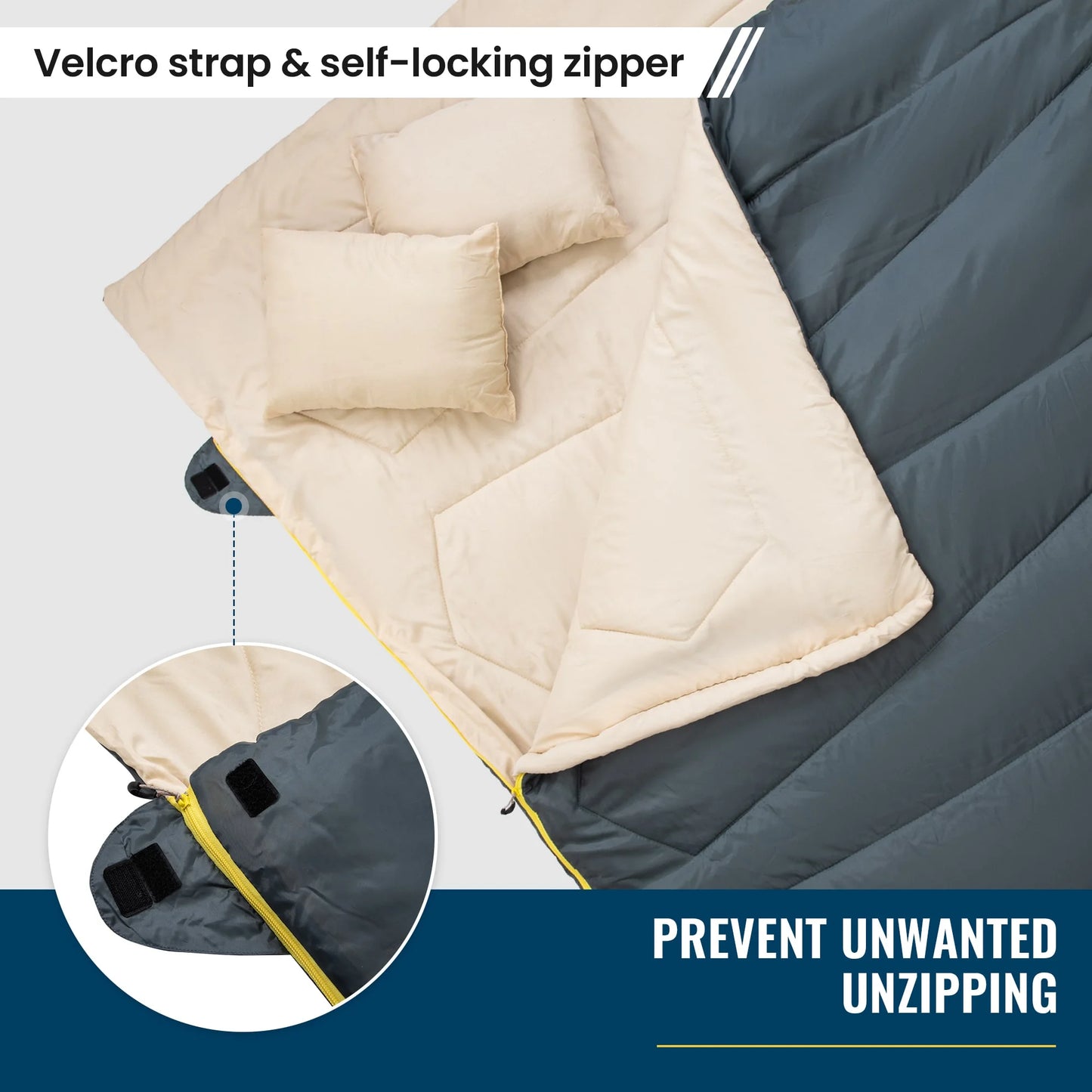 Image of a grey convertible sleeping bag with two pillows, featuring a 190T water-resistant shell, spacious queen-sized design, and compact storage capability, displayed on a clean white background.

