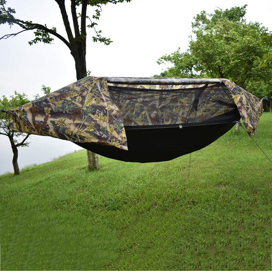 Image of the Camping Hammock with Mosquito Net & Rain Fly, featuring a durable design, heavy-duty capacity, and integrated protection, ideal for camping, hiking, and outdoor adventures, displayed on a clean white background.

