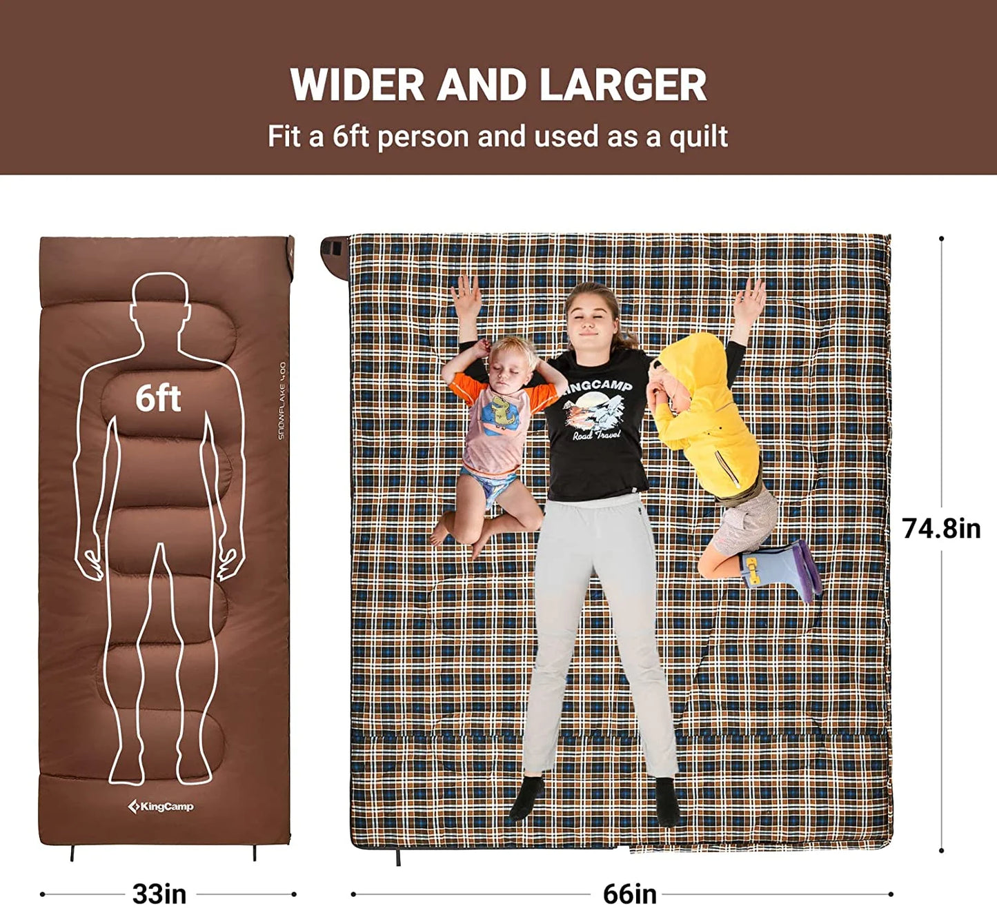 Image of a 4-season flannel sleeping bag in a coffee color, featuring a water-resistant outer shell, flannel interior, and spacious dimensions of 74.8" x 33", displayed on a clean white background.



