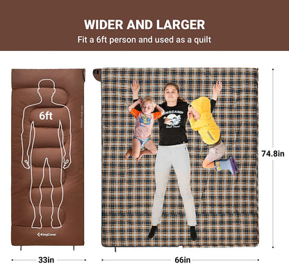 Image of a 4-season flannel sleeping bag in a coffee color, featuring a water-resistant outer shell, flannel interior, and spacious dimensions of 74.8" x 33", displayed on a clean white background.




