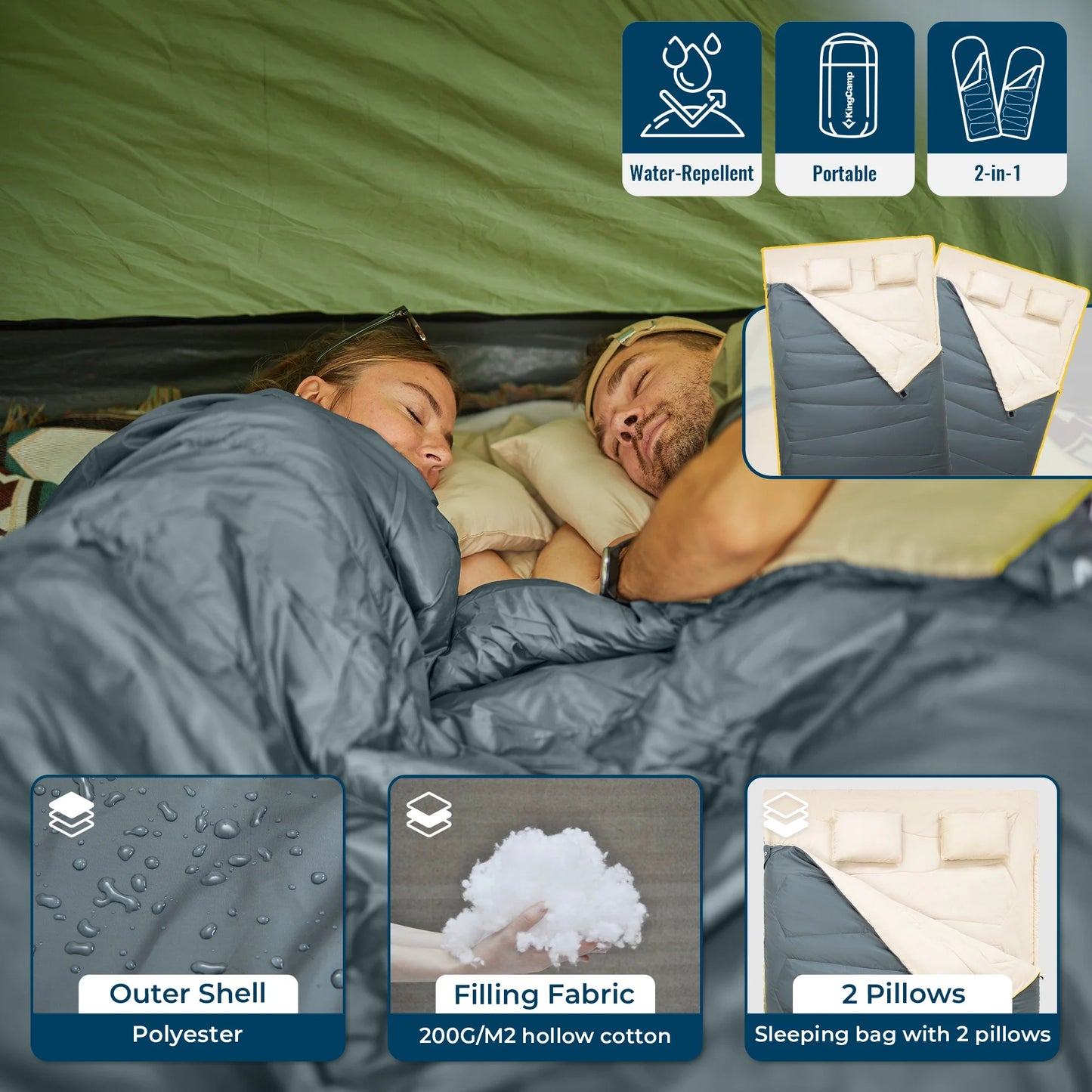 Image of a grey convertible sleeping bag with two pillows, featuring a 190T water-resistant shell, spacious queen-sized design, and compact storage capability, displayed on a clean white background.
