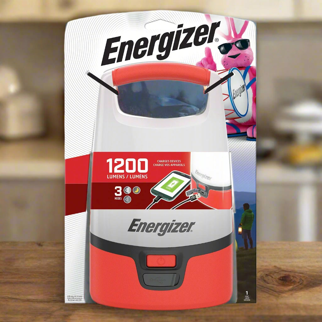 Image of the 1200 Lumens Red LED USB Lantern featuring durable construction, USB charging, and bright 360° illumination, ideal for camping, emergencies, and outdoor use, displayed on a clean white background.
