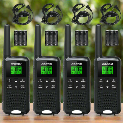 Image of a 4-pack of walkie-talkies for adults, featuring long-range communication, rechargeable power, LED light, and 22 FRS channels with weather alerts, displayed on a clean white background.

